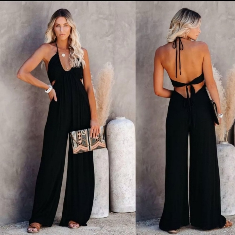 Vici Black Halter Tie-Back Wide-Leg Jumpsuit